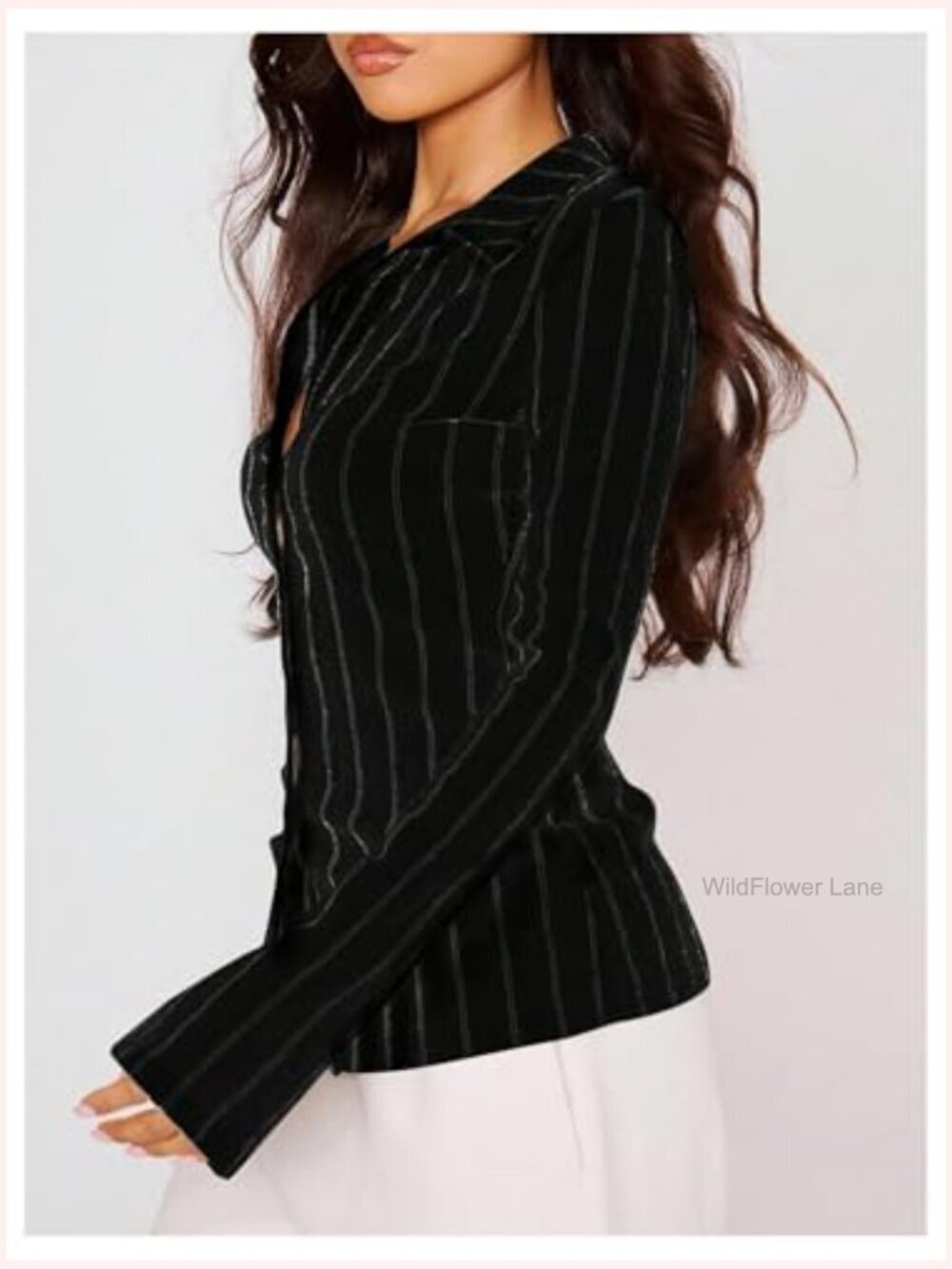 Striped Button Down Blouse Long Sleeve Collared Dressy Top Office Siren Fit - Picture 3 of 5